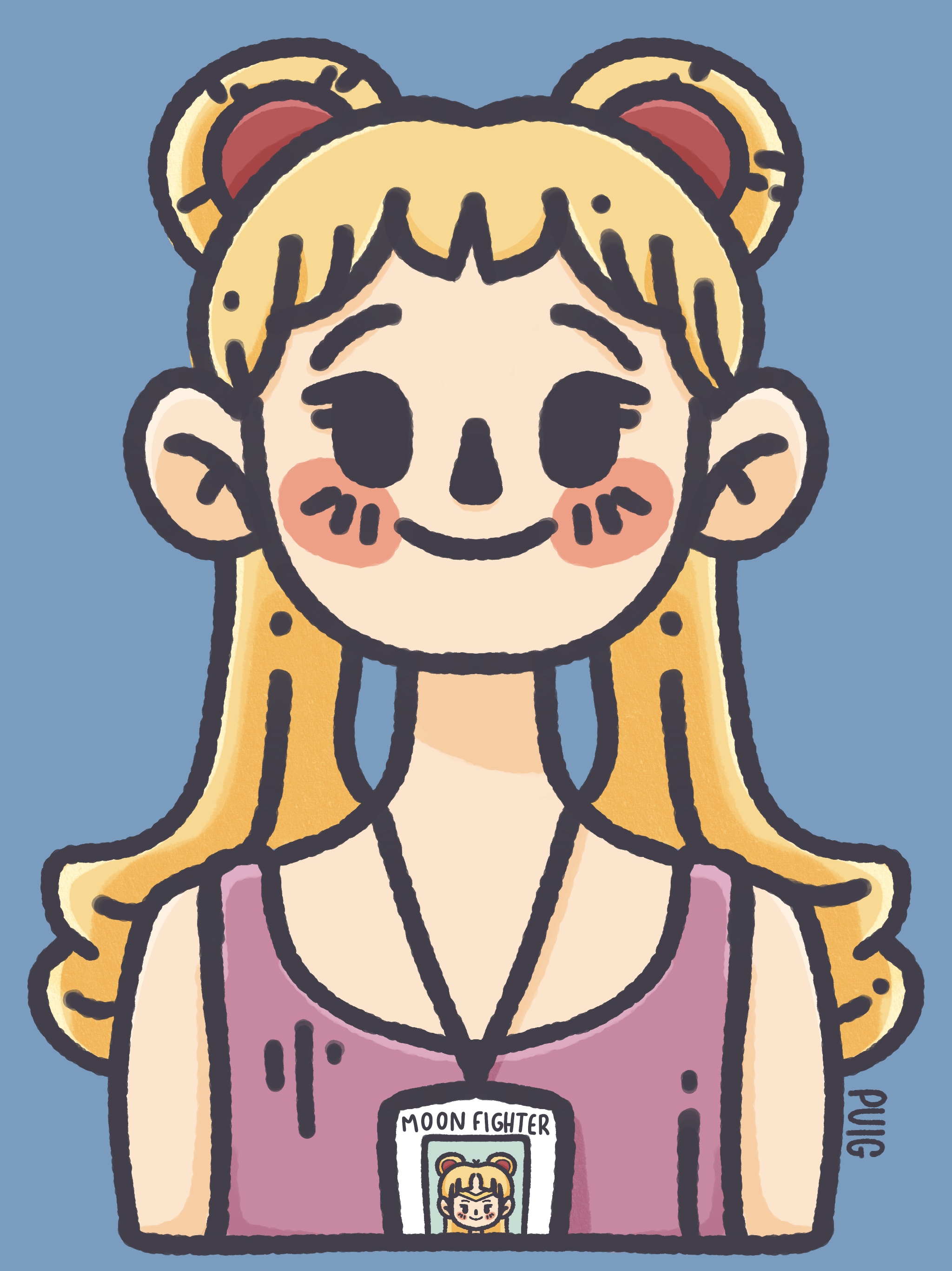 The character Serena Tsukino, from Sailor Moon. She wears a pink tank top with a office cart around her neck. 